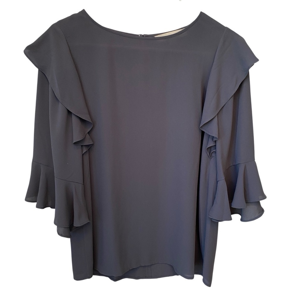 LOFT Ruffle Sleeve Peasant Top Women’s XS Charcoal Grey Semi-Sheer Feminine
